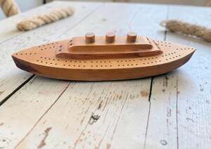 Vintage 1930s-50s Wooden Ocean Liner Ship Cribbage Board Nautical Folk Art